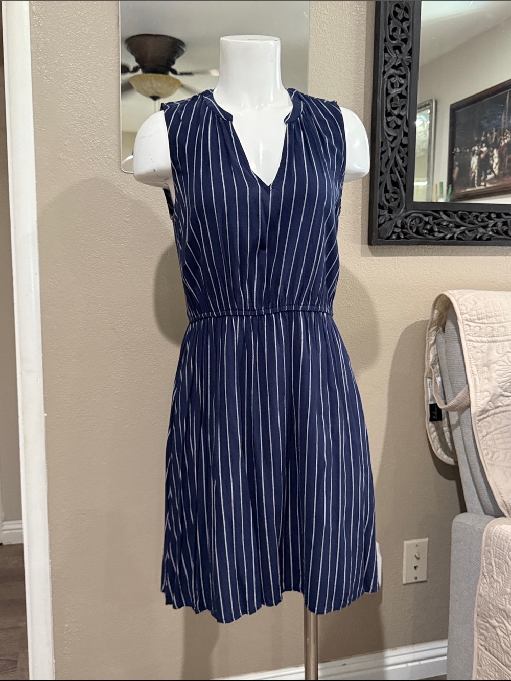 Old Navy Navy and White Pinstripe V-Neck Sleeveless Midi Dress
